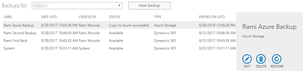 Dynamics 365 Admin Center description with Save to Azure Storage